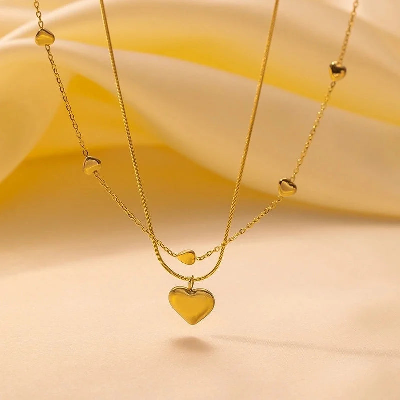 Minimalist Geometric Heart Shape Titanium Steel Shell Zircon 18K Gold Plated Inlay Layered Necklaces Necklace
