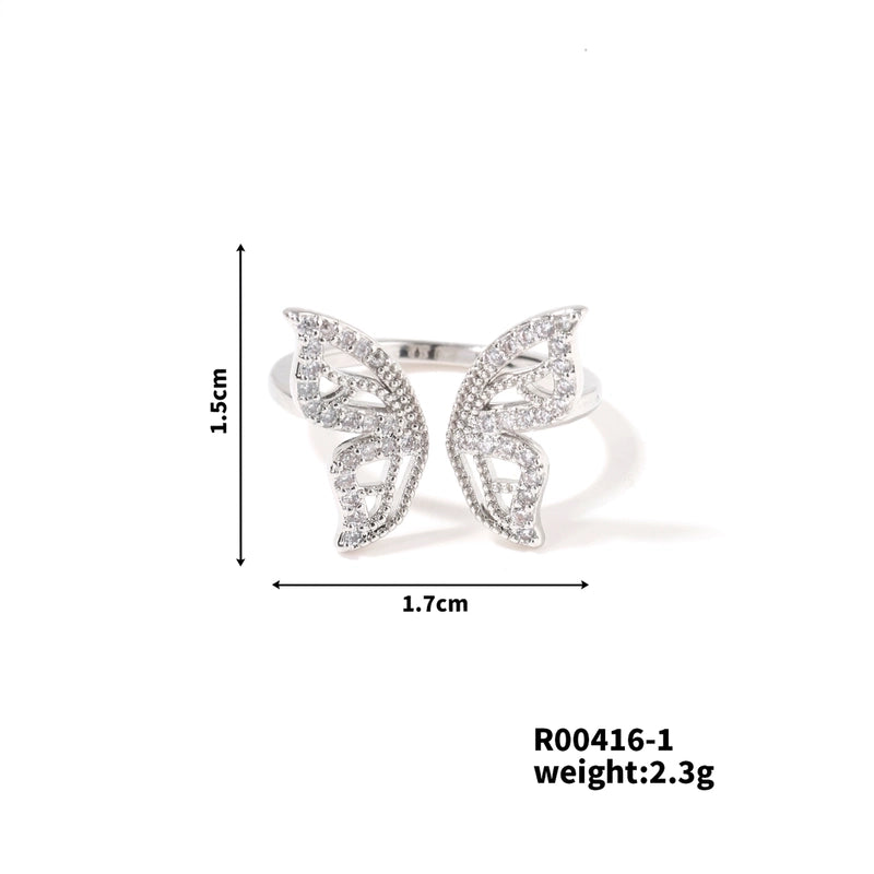 Copper K Gold Plated Rhodium Plated Sweet Minimalist Artistic Inlay Butterfly Zircon Open Rings