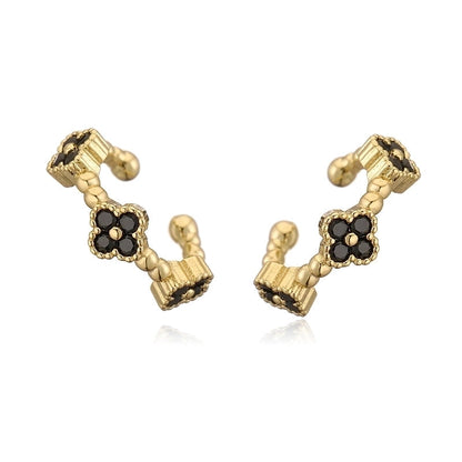 Temperament Entry Lux Copper Inlaid Color Diamond Clover Opening Ear Clip Niche High Sense Flower Petals Ear Rings Direct Sales