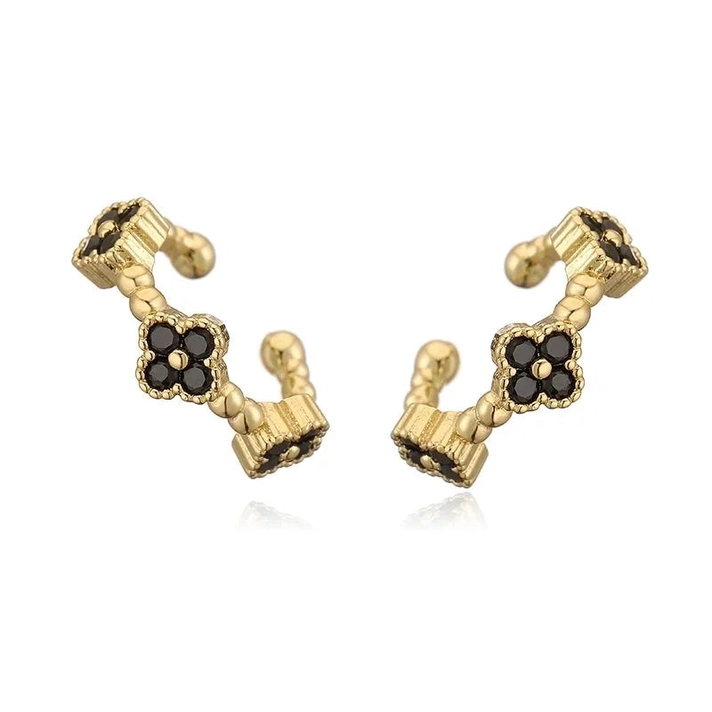 Temperament Entry Lux Copper Inlaid Color Diamond Clover Opening Ear Clip Niche High Sense Flower Petals Ear Rings Direct Sales