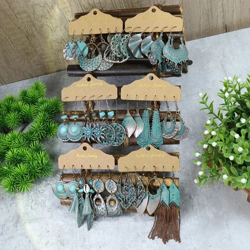Hot 3-piece Vintage Red Earrings Set Geometric Turquoise Tassel Bohemian Minority Earrings