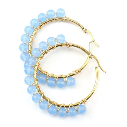 1 Pair Retro Minimalist Round Beaded Plating Natural Stone Copper Hoop Earrings