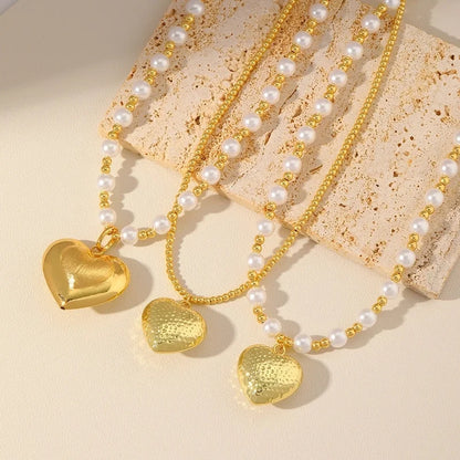 Sweet Classic Style Heart Shape Imitation Pearl Copper 18K Gold Plated Beaded Pendant Necklace