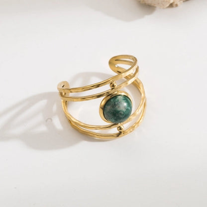 Vintage Style Minimalist Geometric 304 Stainless Steel Natural Stone 18K Gold Plated Inlay Open Rings