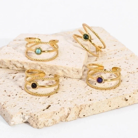 304 Stainless Steel 18K Gold Plated Minimalist Commute Inlay Solid Color Natural Stone Open Ring