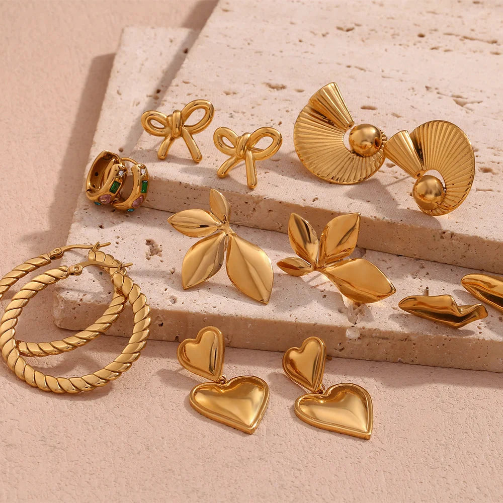 Fashion Fan-Shape Heart Leaf Bowknot Stainless Steel 18K Gold Plated Stud Earrings