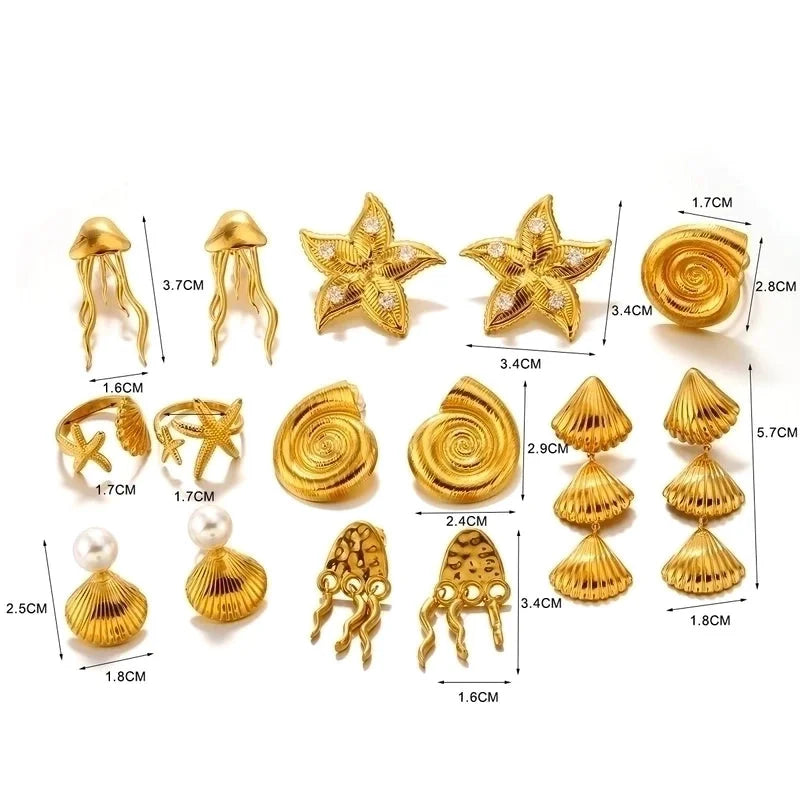 Casual Beach Starfish Shell 304 Stainless Steel Artificial Pearls Zircon 18K Gold Plated Polishing Inlay Rings Earrings