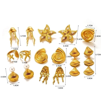 Casual Beach Starfish Shell 304 Stainless Steel Artificial Pearls Zircon 18K Gold Plated Polishing Inlay Rings Earrings