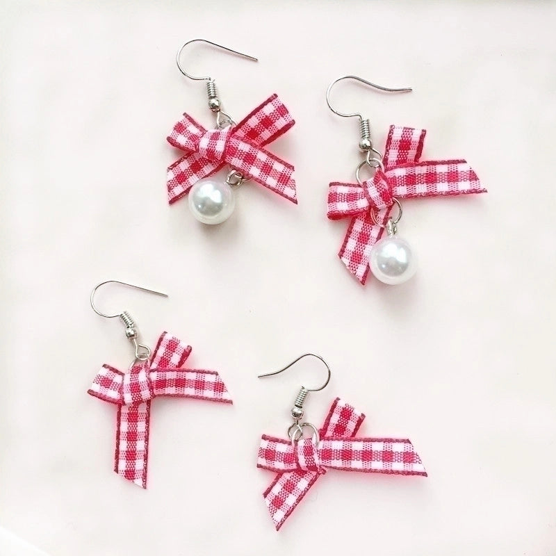 Retro Plaid Bow Cute Mink Plush Ball Strawberry Cake Ear Clip Christmas Earrings