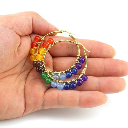 1 Pair Retro Minimalist Round Beaded Plating Natural Stone Copper Hoop Earrings