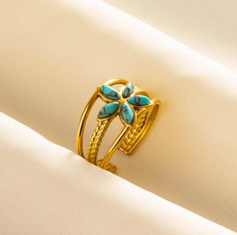 304 Stainless Steel 18K Gold Plated Classical Vintage Style Classic Style Inlay Geometric Flower Artificial Gemstones Imitating Stone Open Rings