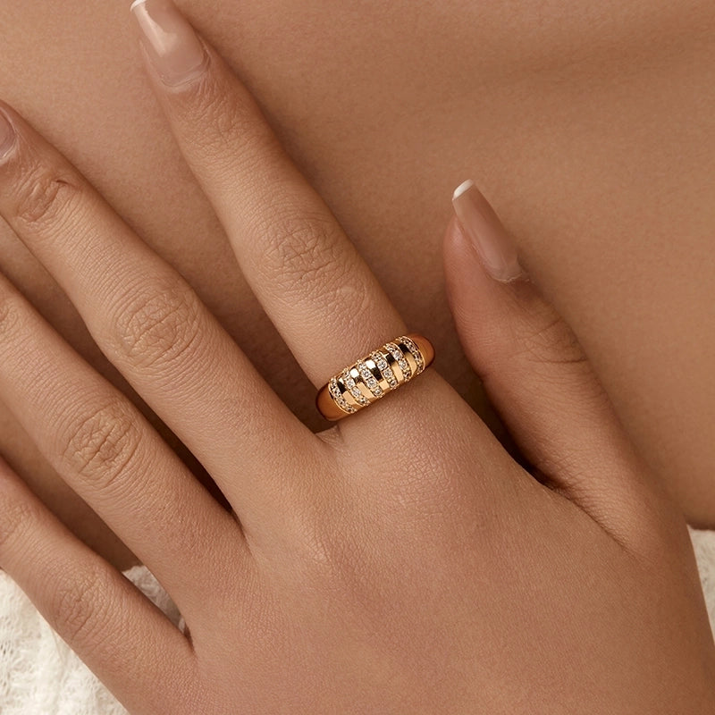 Copper 18K Gold Plated Inlay Semicircle Round Petal Zircon Open Rings