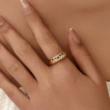 Copper 18K Gold Plated Inlay Semicircle Round Petal Zircon Open Rings