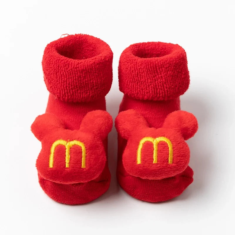 New Newborn Baby Socks Autumn And Winter A Cotton Red Terry Fleece-lined Thickened Non-slip Baby Christmas Floor Socks 1