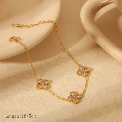 French Style Commute Four Leaf Clover Solid Color Flower 304 Stainless Steel Zircon 18K Gold Plated Inlay Jewelry Set