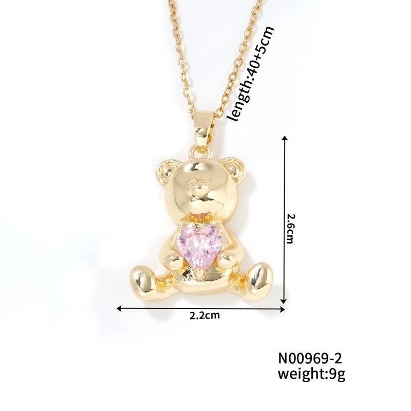 304 Stainless Steel Copper K Gold Plated Cute Sweet Korean Style Three-dimensional Inlay Little Bear Zircon Pendant Necklace
