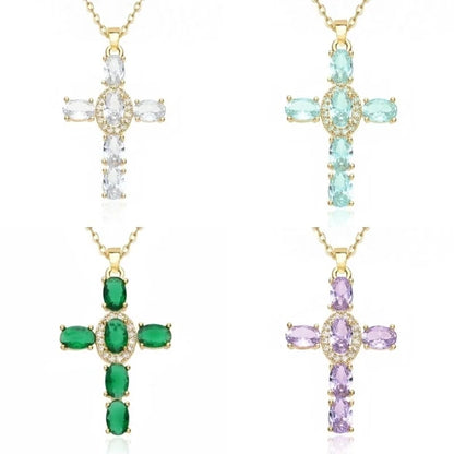 201 Stainless Steel Copper White Gold Plated Gold Plated Minimalist Classic Style Plating Inlay Cross Glass Zircon Pendant Necklace