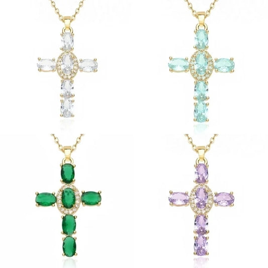 201 Stainless Steel Copper White Gold Plated Gold Plated Minimalist Classic Style Plating Inlay Cross Glass Zircon Pendant Necklace