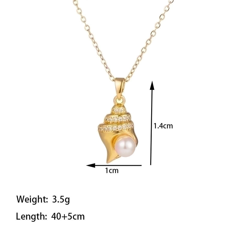 304 Stainless Steel 18K Gold Plated Casual Minimalist Polishing Plating Inlay Conch Shell Artificial Rhinestones Plastic Pendant Necklace