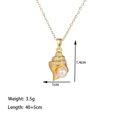 304 Stainless Steel 18K Gold Plated Casual Minimalist Polishing Plating Inlay Conch Shell Artificial Rhinestones Plastic Pendant Necklace