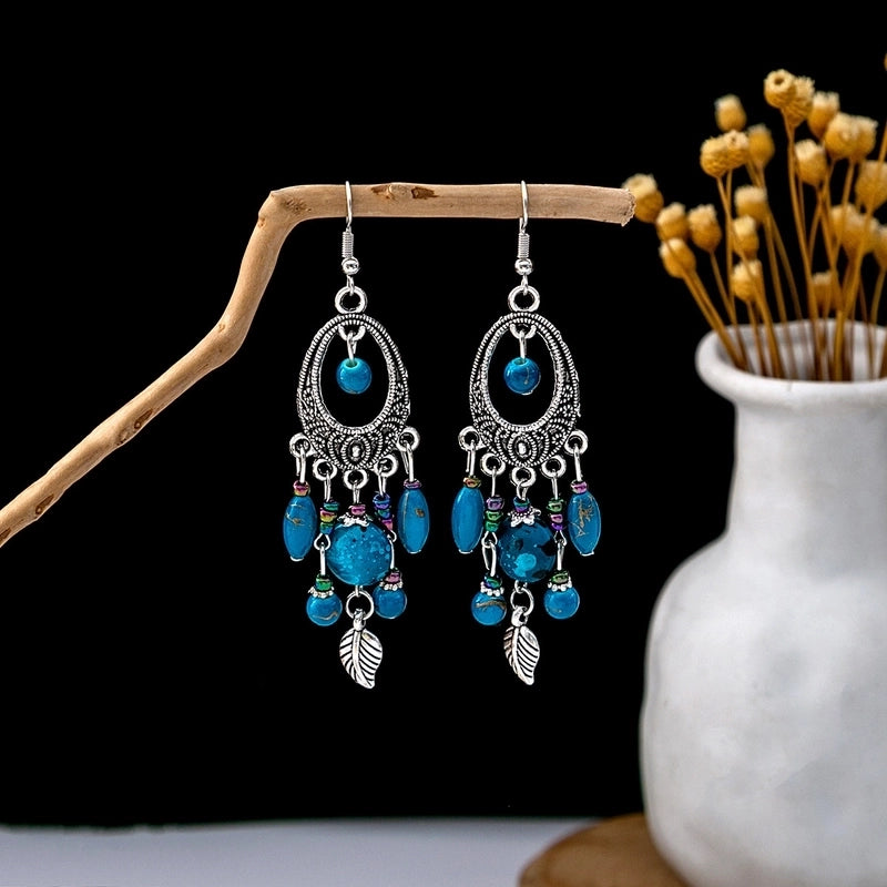 Bohemian Blue Turquoise National Style Earrings Imitation Miao Silver Metal Earrings Vintage Tassel Earrings
