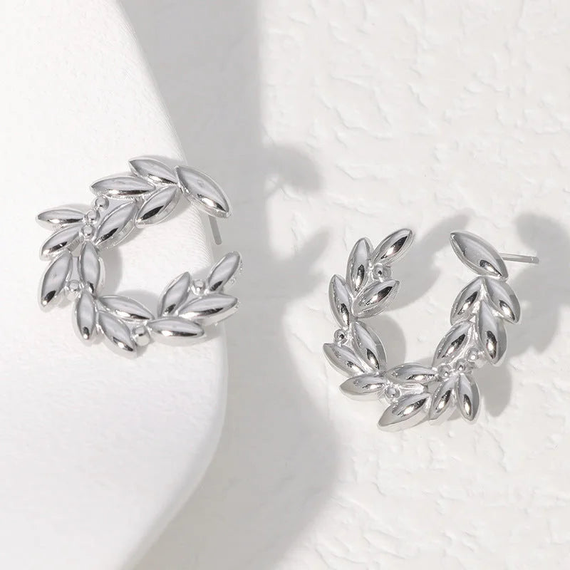 Minimalist Leaf Wheat Stainless Steel Electroplating Stud Earrings