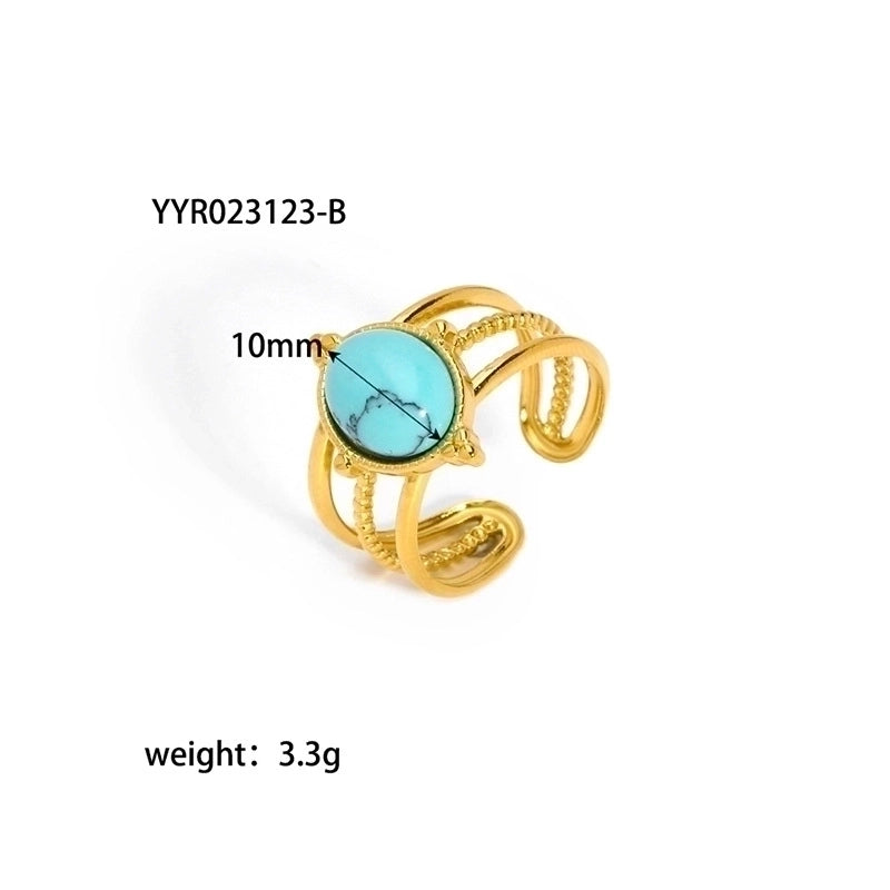 304 Stainless Steel 18K Gold Plated Retro Plating Inlay Water Droplets Turquoise Open Rings