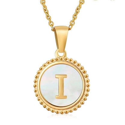 Minimalist Round Letter Stainless Steel Inlay Shell Pendant Necklace