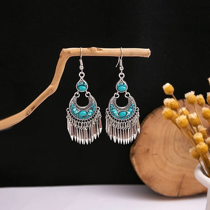 Bohemian Blue Turquoise National Style Earrings Imitation Miao Silver Metal Earrings Vintage Tassel Earrings