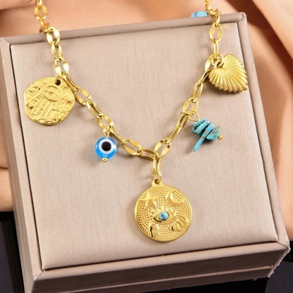 Vacation Marine Style Starfish Conch Hippocampus 304 Stainless Steel 18K Gold Plated Multi Charms Necklace