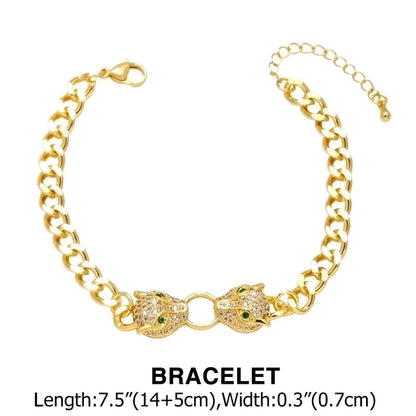 1 Piece Hip-hop Leopard Head Copper Plating Zircon 18k Gold Plated Unisex Bracelets Necklace
