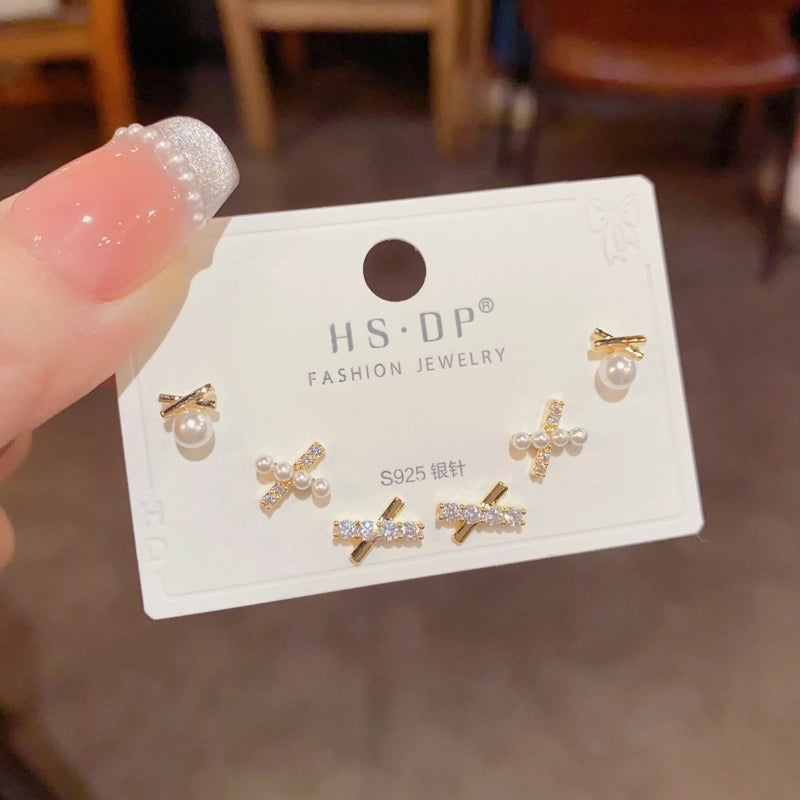 Fashion Geometric Copper Plating Artificial Pearls Zircon Earrings 3 Pairs