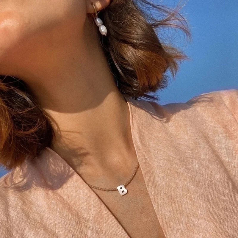 Minimalist Letter Stainless Steel Shell Beaded Plating Pendant Necklace