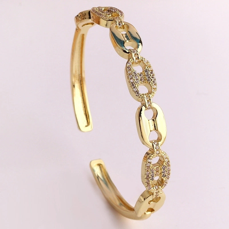 Hip-hop Pig Nose Smile Face Leopard Copper 18k Gold Plated Zircon Bangle In Bulk