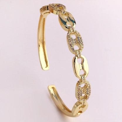 Hip-hop Pig Nose Smile Face Leopard Copper 18k Gold Plated Zircon Bangle In Bulk