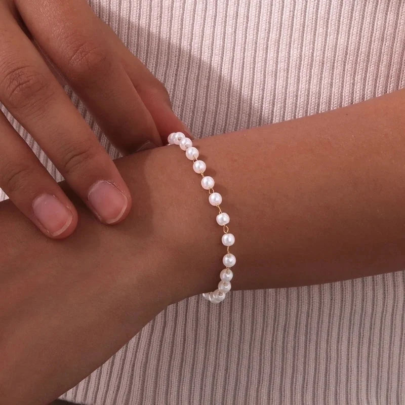 Vintage Style Minimalist Pearl 201 Stainless Steel Beaded Chain Bracelets In Bulk Stainless Steel Bracelets