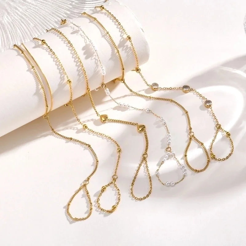 Vintage Style Minimalist Pearl 201 Stainless Steel Cable Chain Bracelets In Bulk