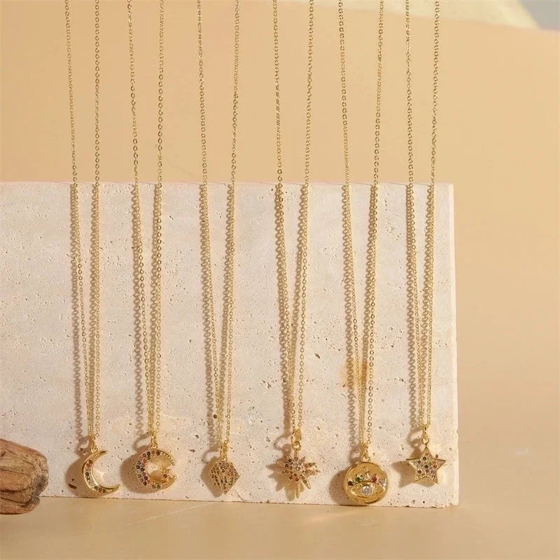 Copper 14K Gold Plated Vintage Style Minimalist Commute Inlay Star Moon Zircon Pendant Necklace
