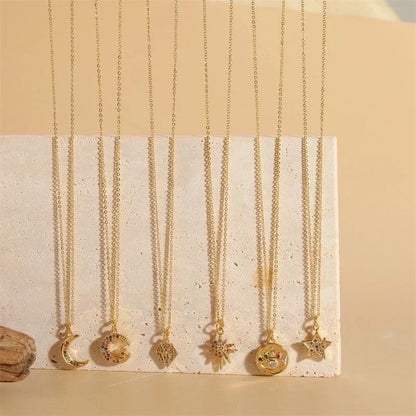 Copper 14K Gold Plated Vintage Style Minimalist Commute Inlay Star Moon Zircon Pendant Necklace