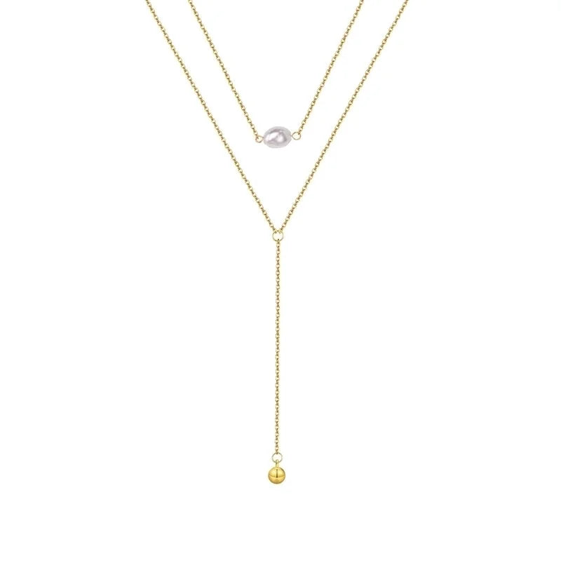 Minimalist Classic Style Solid Color 201 Stainless Steel Artificial Pearls Zircon 18K Gold Plated Layered Long Necklace