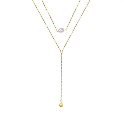 Minimalist Classic Style Solid Color 201 Stainless Steel Artificial Pearls Zircon 18K Gold Plated Layered Long Necklace