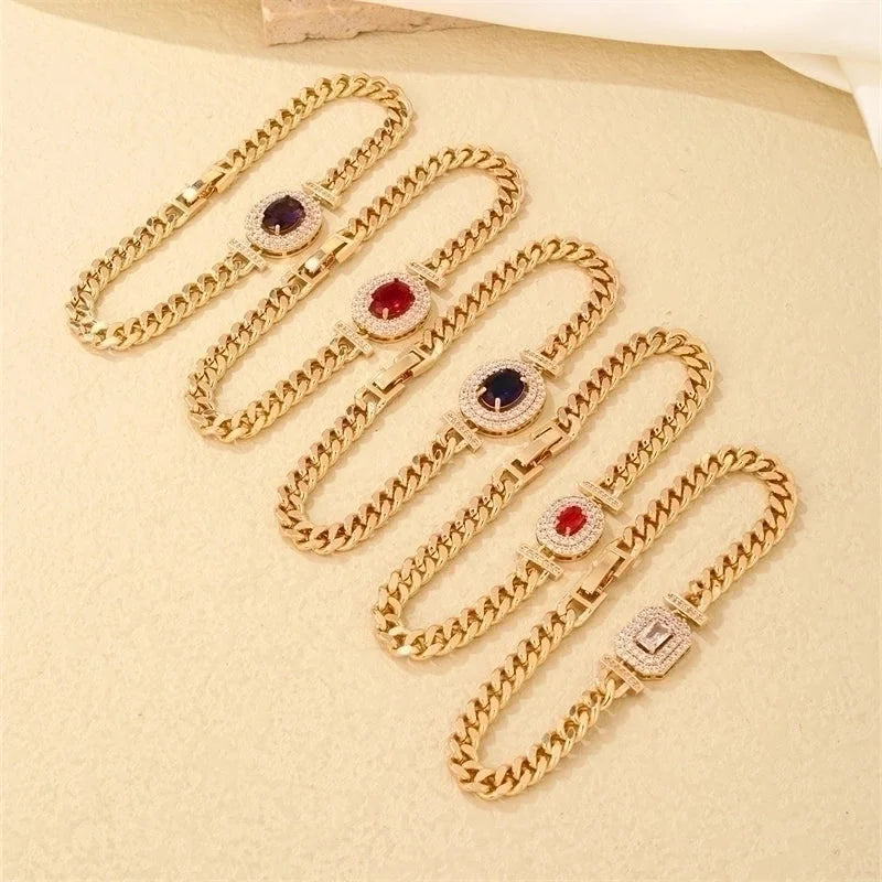 304 Stainless Steel Copper K Gold Plated Lady Shiny Plating Inlay Oval Zircon Bracelets