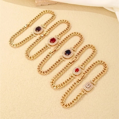 304 Stainless Steel Copper K Gold Plated Lady Shiny Plating Inlay Oval Zircon Bracelets