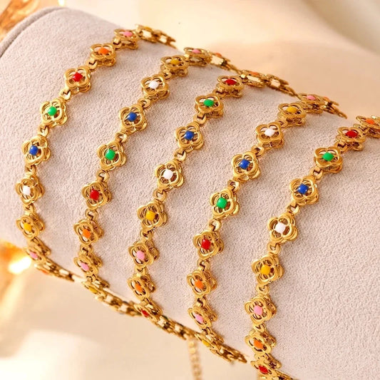Elegant Vacation Flower 304 Stainless Steel 18K Gold Plated Enamel Bracelets Anklet Necklace