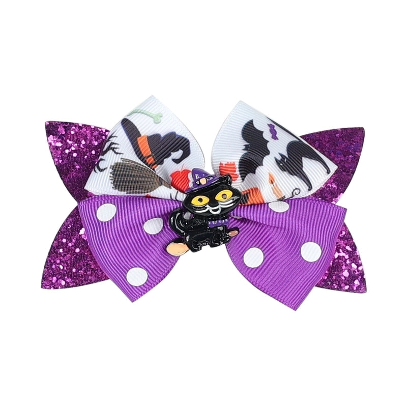 Funny Kid'S Halloween Pattern Pumpkin Bat Ribbon Sequins Bowknot Hair Clip