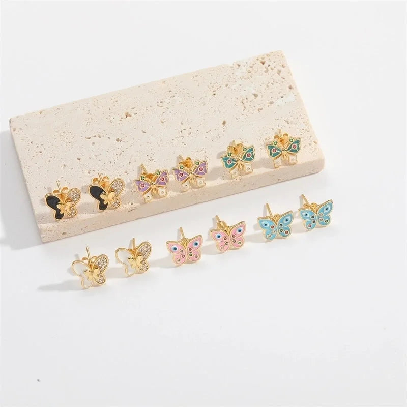 1 Pair Elegant Minimalist Commute Eye Butterfly Enamel Inlay Copper Zircon 14K Gold Plated Ear Studs