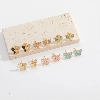 1 Pair Elegant Minimalist Commute Eye Butterfly Enamel Inlay Copper Zircon 14K Gold Plated Ear Studs