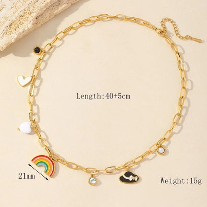 Casual Romantic Rainbow Heart Shape Horse 304 Stainless Steel Acrylic Zircon 18K Gold Plated Enamel Multi Charms Necklace