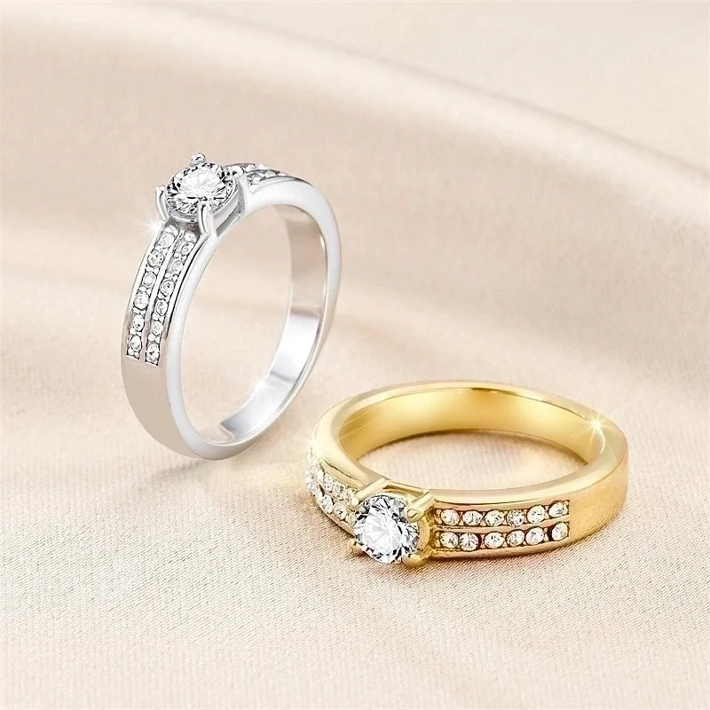 Romantic Shiny Round Titanium Steel Zircon 18K Gold Plated Polishing Plating Inlay Rings