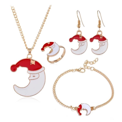 Christmas Series Earrings Necklace Bracelet Ring Set Santa Elk Bell Gift Jewelry